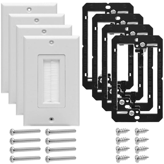 4 Set Single Decora Bristle Brush Wall Plate with Single Gang Low Voltage Mounting Bracket, Cable Passthrough Insert for Speaker Wire, Coaxial Cable, HDMI/HDTV Cable, Network/Phone Cable, Whit