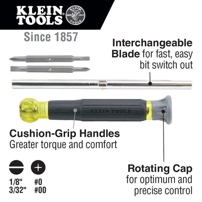 Klein Tools 32581 Precision Screwdriver Set, 4-in-1 Electronics Screwdriver with Industrial Strength Phillips and Slotted Bits