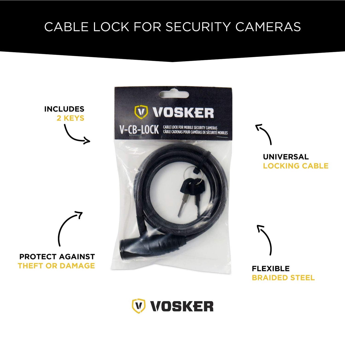 Vosker Security Camera Security Cable Lock with 2 Keys, Flexible Braided Steel, 6 Feet Long, Universal Cam and Protection Box Support