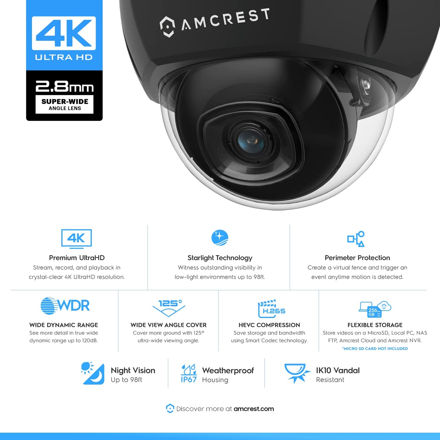 Amcrest UltraHD 4K (8MP) Outdoor Security POE IP Camera, 3840x2160, 98ft NightVision, 2.8mm Lens, IP67 Weatherproof, IK10 Vandal Resistant Dome, MicroSD Recording, White (IP8M-2493EW)
