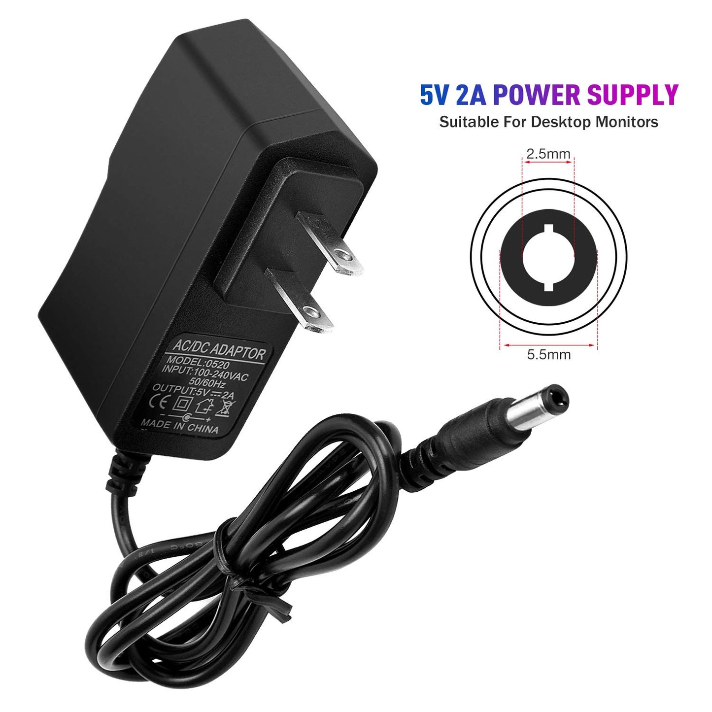 2 Pack DC 5V 2A Power Adapter, AC 100-240V to DC 5Volt Transformers, Power Supply for 2.1mm X 5.5mm US Plug