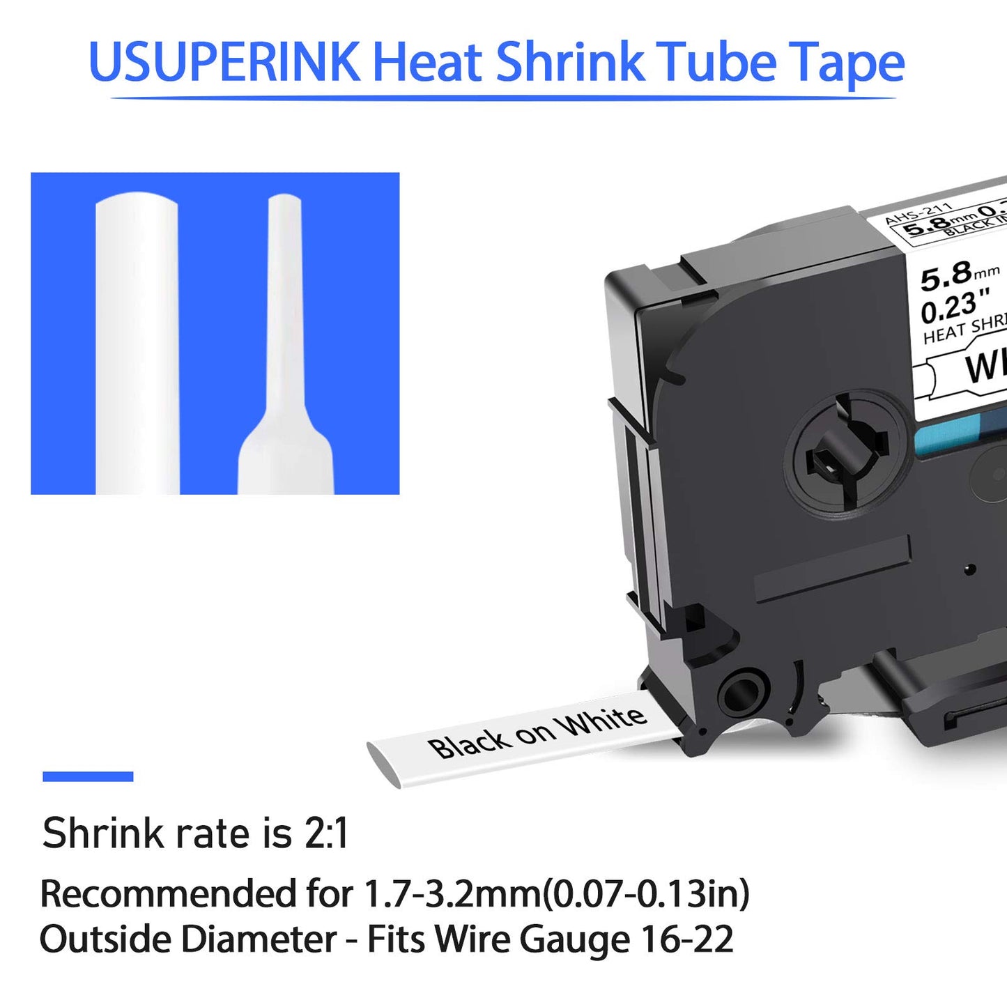 USUPERINK 3 Pack Compatible for Brother HSe-211 HSe211 HS-211 HS211 Black on White Heat Shrink Tube Label Tape use in PT-D400 PT-D450 PT-E300 PT-E500 PT-P750WVP Printer (0.23''x 4.92ft, 5.8mm x 1.5m)