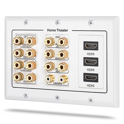 Fosmon HD8005 [3-Gang 6.1 Surround Distribution] Home Theater Copper Banana Binding Post Coupler Type Wall Plate for 6 Speakers, 1 RCA Jack for Subwoofer & 2 HDMI Ports