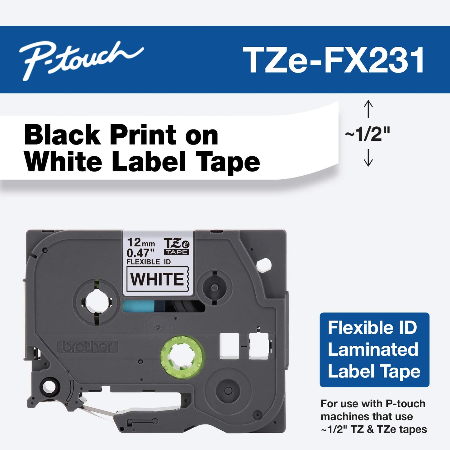 Brother Genuine P-Touch TZE-135 Tape, 1/2" (12 mm) Standard Laminated P-Touch Tape, White On Clear, Laminated for Indoor or Outdoor Use, Water-Resistant 26.2 ft (8 m), Single-Pack