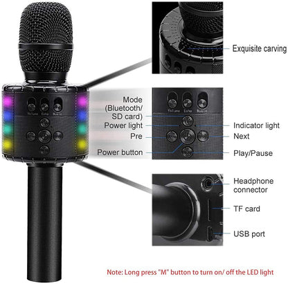 BONAOK Wireless Bluetooth Karaoke Microphone Speaker Machine - w/ Controllable LED Lights – Birthday, Party, Works w/ Smartphones (Black)