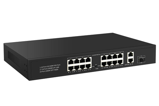16 Port PoE Switch Unmanaged with 2 Gigabit Uplink Ports, POE Plus Up to 30W Per Port, Total Budget 250W, 803.af/at Compliant, Extend Mode, Rack Mount