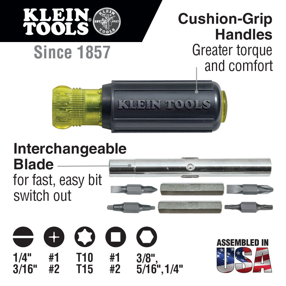 Klein Tools 32500 Multi-Bit Screwdriver / Nut Driver 11-in-1 Multi Tool, 8 Industrial Strength Bits, 3 Nut Driver Sizes, Cushion Grip Handle