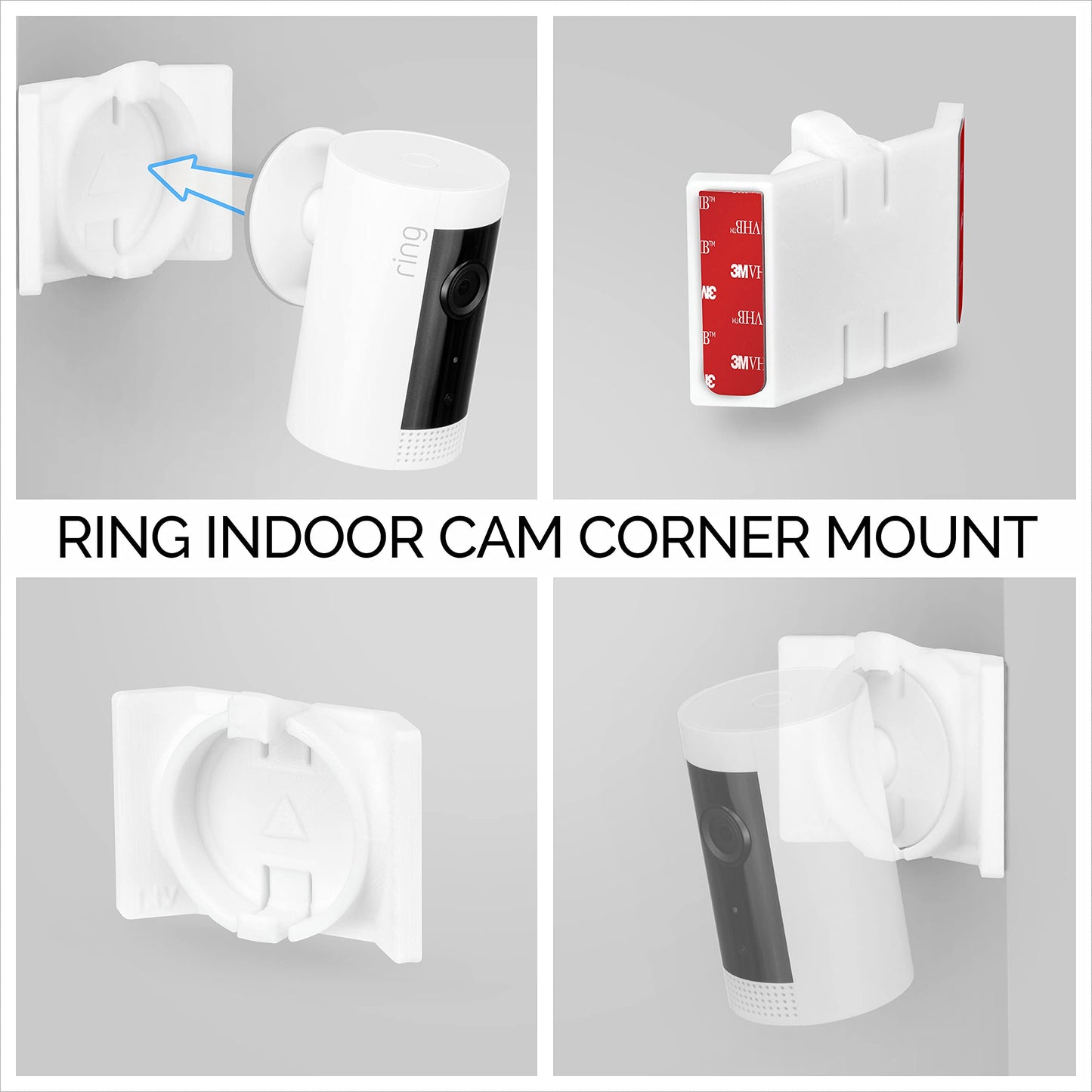 BrainWavz Screwless Corner Mount for Ring Indoor Cam - VHB Stick On - Easy Install, No Drill, No Tools Needed, Strong Adhesive (White)