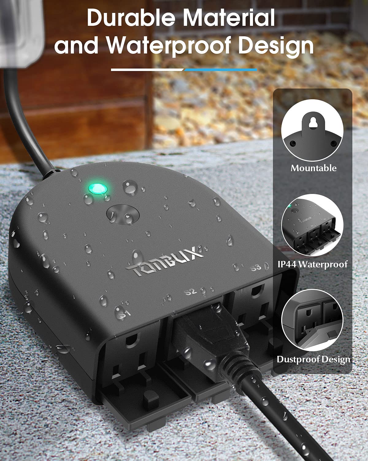 Outdoor Smart Plug, TONBUX WiFi Outdoor Outlet with 3 Independently Control Sockets, IP44 Waterproof, Compatible with Alexa, Google Home,Voice Remote Control
