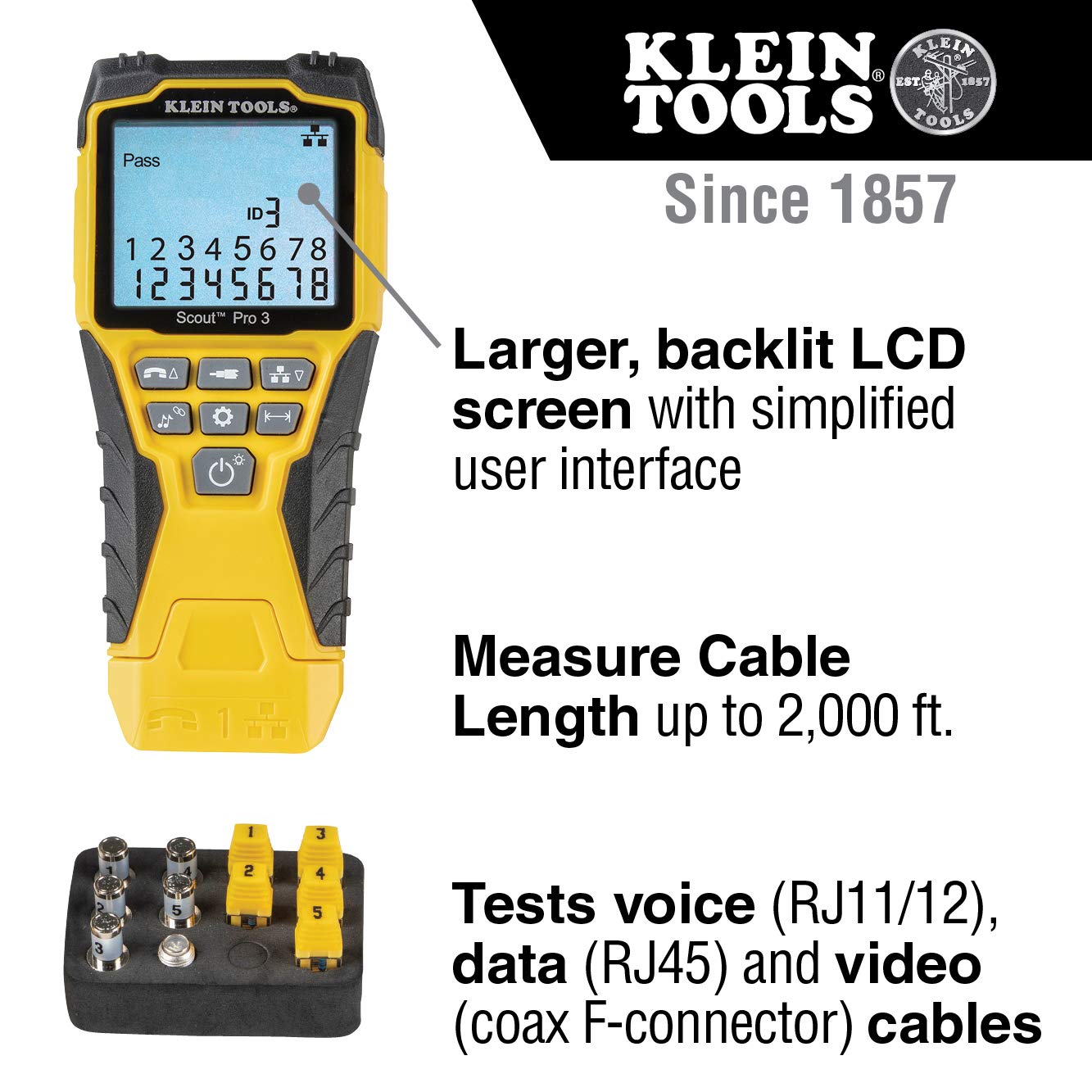 Klein Tools VDV501-853 CoaxialCable Tester, Scout Pro 3 with Test-n-Map Remote, Includes Remotes #2 - #6, Tests Voice, Data and Video Cable