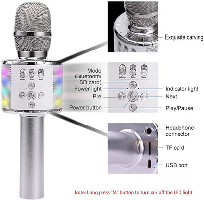 BONAOK Wireless Bluetooth Karaoke Microphone Speaker Machine - w/ Controllable LED Lights – Birthday, Party, Works w/ Smartphones (Silver)