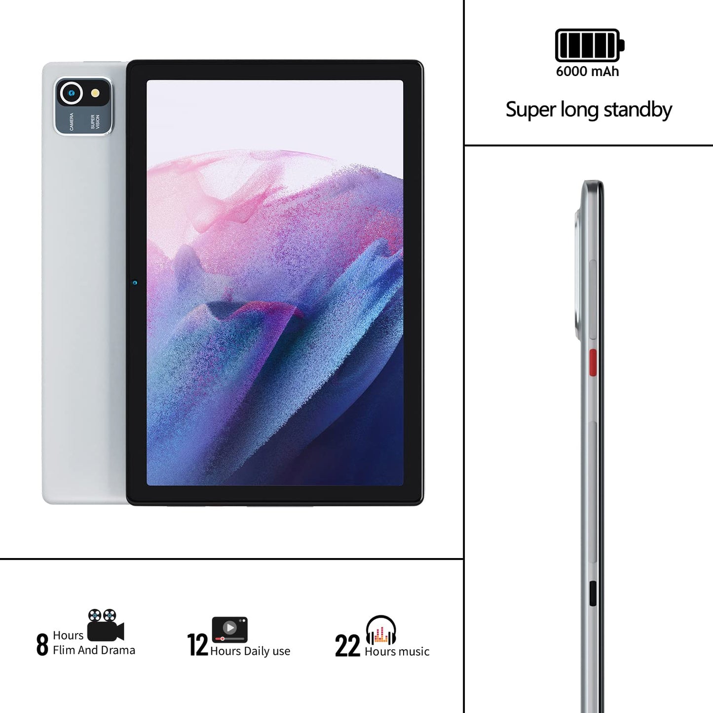 Tablet 10.1 Inch Quad-Core 32GB Android 10 IPS HD Display 6000mAh Tablets (Silver)