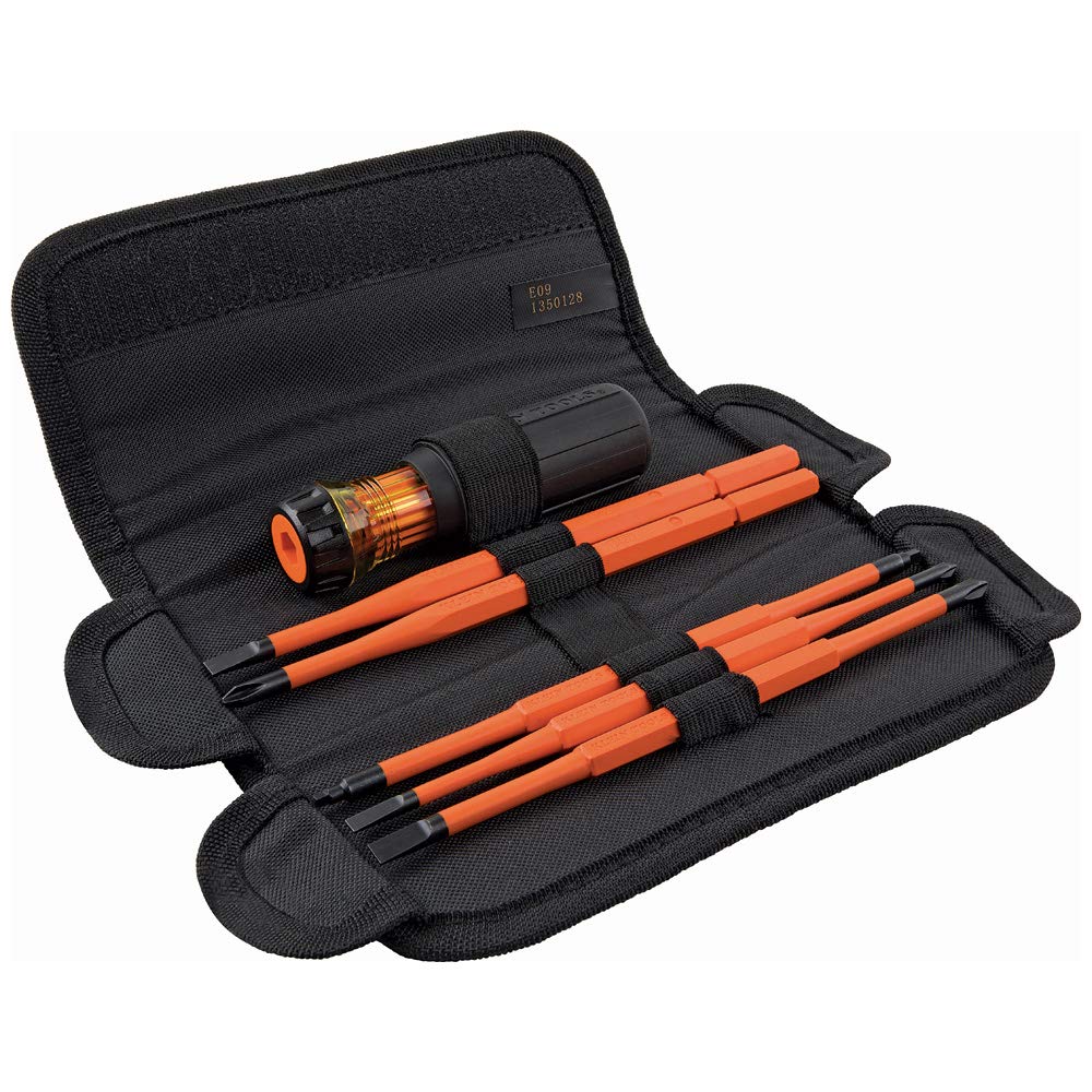 Klein Tools 32288 Insulated Screwdriver, 8-in-1 Screwdriver Set with Interchangeable Blades, 3 Phillips, 3 Slotted and 2 Square Tips