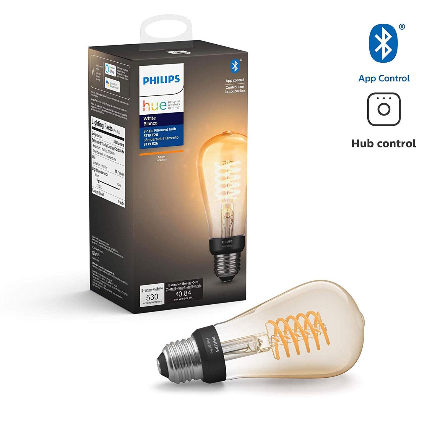 Philips Hue White Dimmable Smart Filament Candle, 2100K LED Vintage Edison Bulb, Bluetooth & Hub Compatible (Hue Hub Optional), Voice Activated with Alexa (563601)