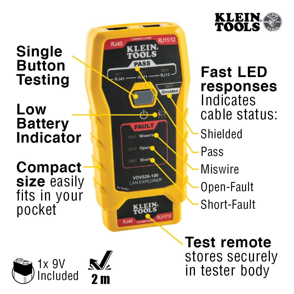RJ45 Ethernet Cable Tester and Crimper Kit, Pass-Thru Technology, Includes Connectors for Cat5e / CAT6 Data Applications Klein Tools VDV026-813