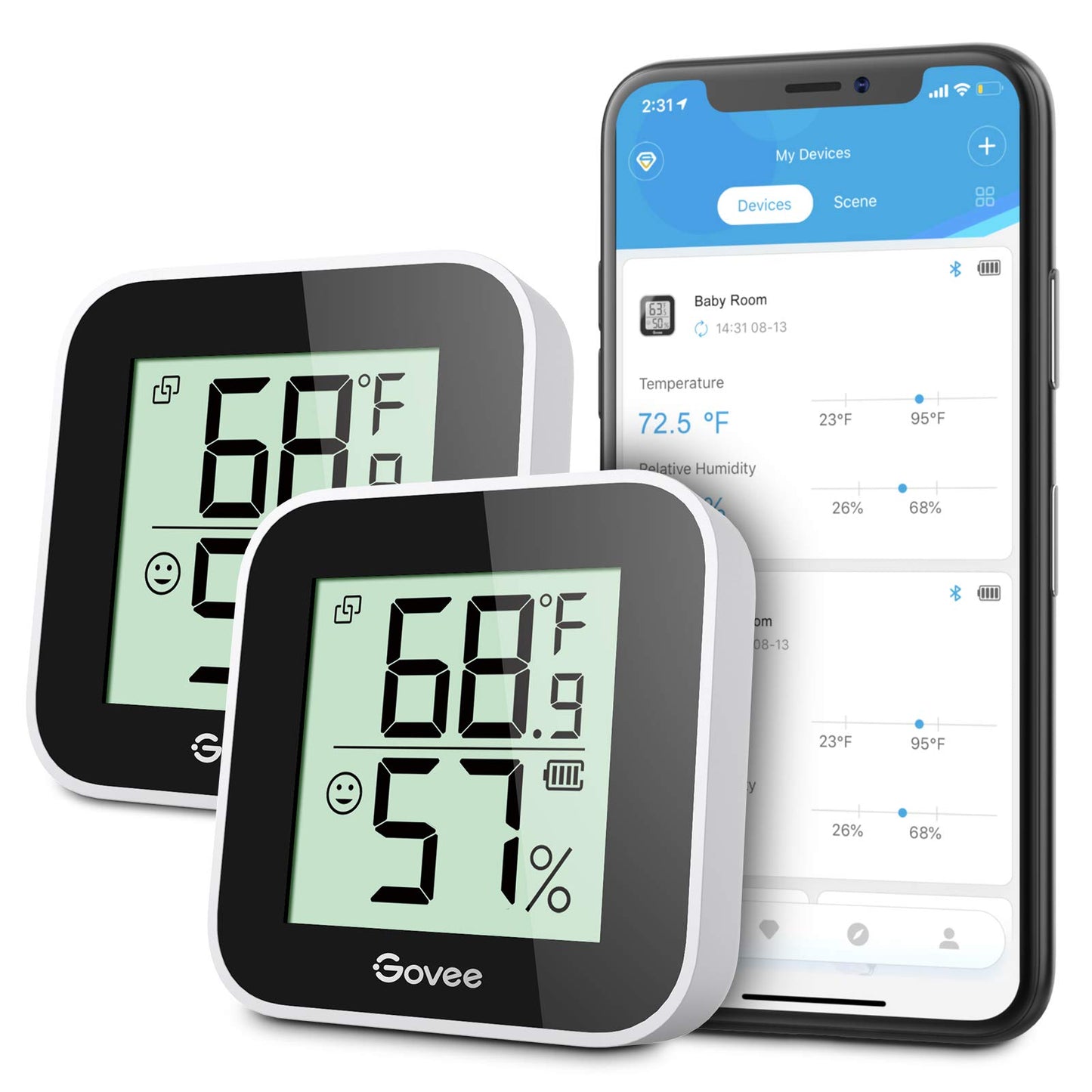 Govee Temperature Humidity Monitor 2-Pack, Indoor Room Thermometer Hygrometer with App Alert, Mini Bluetooth Digital Thermometer Humidity Sensor with Data Storage for Home, Greenhouse, Cellar