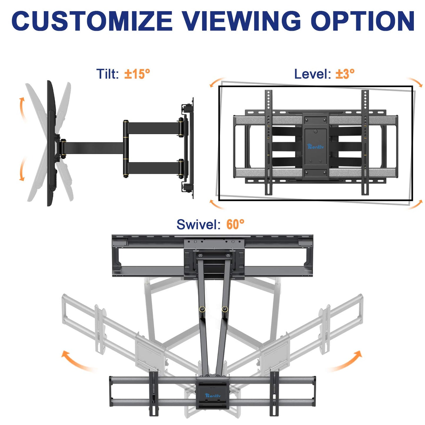 Rentliv TV Mount with Sliding Design for Most 37-80 inch Flat Curved TVs Up to 132 lbs., Full Motion TV Wall Mount with Swivel Articulating Arms, Max VESA 600x400mm, Easy for TV Centering on Wall