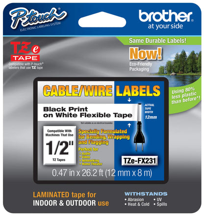 Brother Genuine P-touch TZE-AF231 Tape,1/2" (0.47") Wide Acid-Free Adhesive Laminated Tape, Black on White, Safe for Photo-Labeling or Scrapbooking, Water-Resistant,0.47" x 26.2' (12mm x 8M), TZEAF231