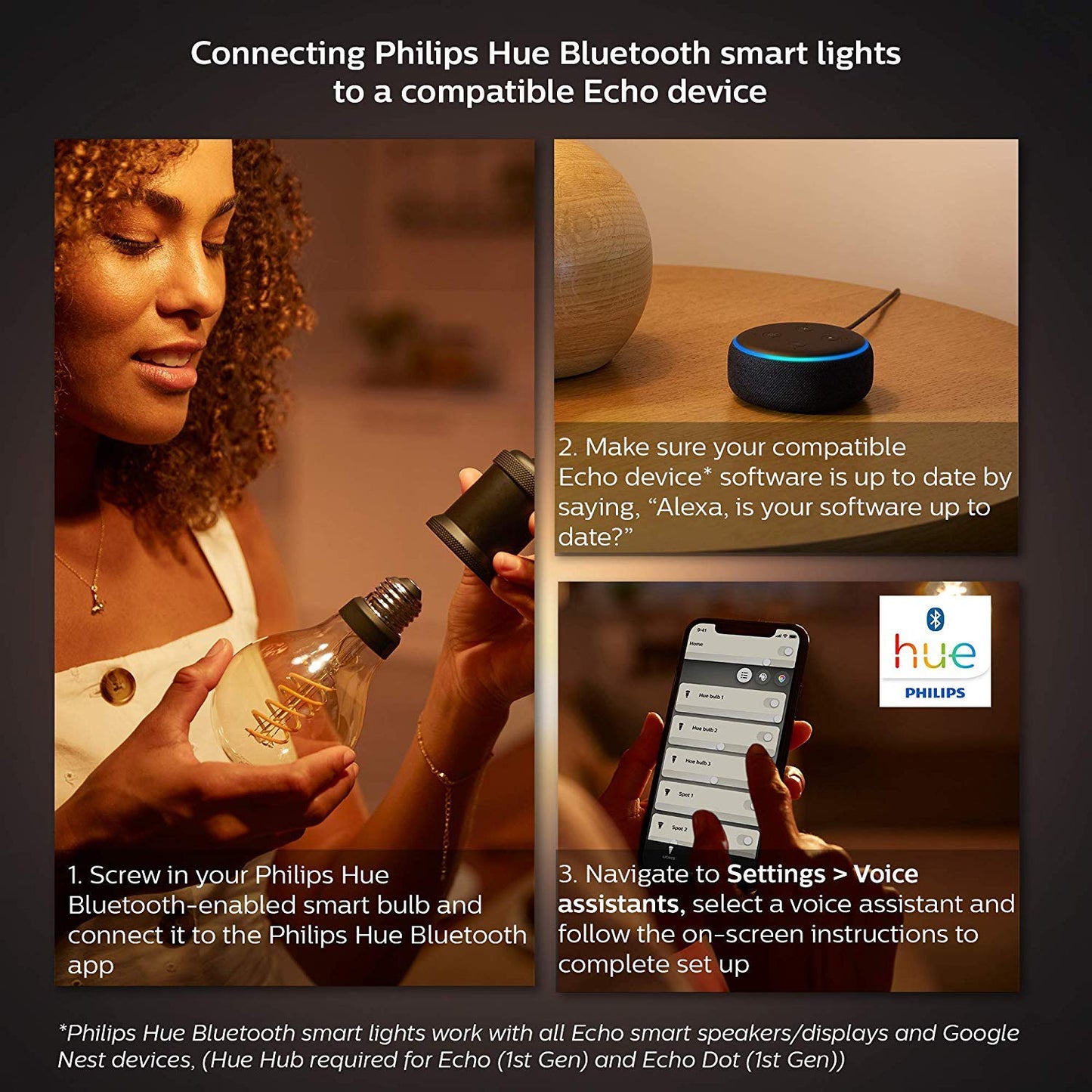 Philips Hue White Dimmable Smart Filament Candle, 2100K LED Vintage Edison Bulb, Bluetooth & Hub Compatible (Hue Hub Optional), Voice Activated with Alexa, 4-Pack, (R4563601)