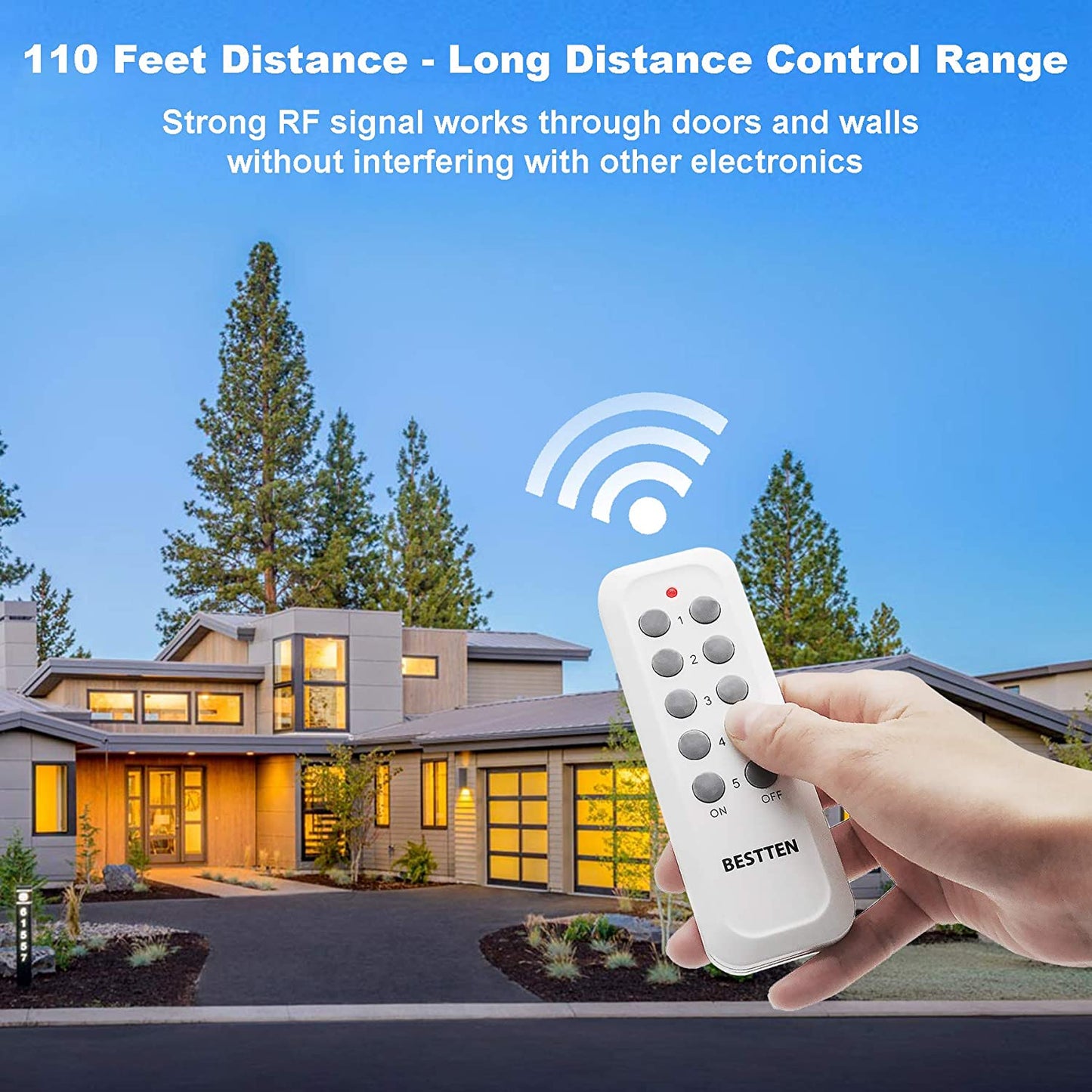 BESTTEN Wireless Remote Control Outlet Combo Kit (5 Wall Outlets + 2 Remotes), Always-ON & 1 RF Control Sockets (White)