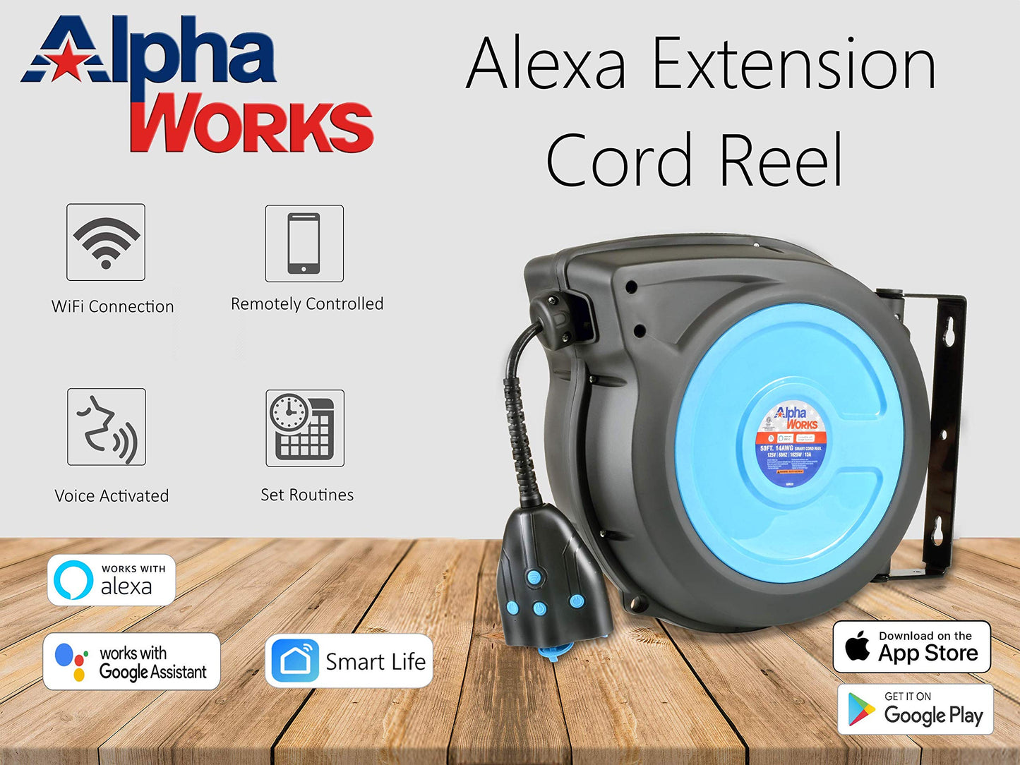 AlphaWorks Cord Reel Extension for Alexa Smart Plug 50' Feet Waterproof Wireless Remote Control Timer & Advanced Slow Retraction Technology