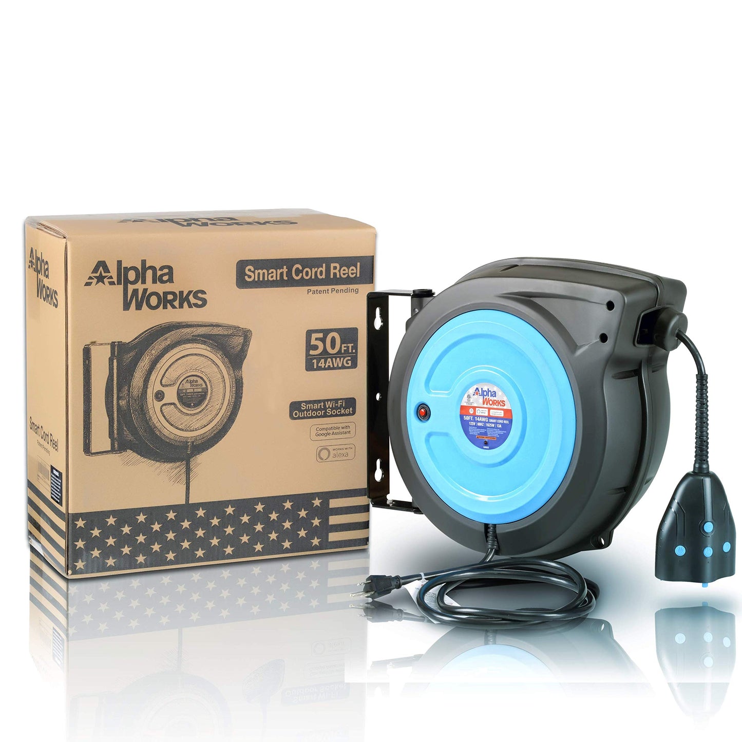 AlphaWorks Cord Reel Extension for Alexa Smart Plug 50' Feet Waterproof Wireless Remote Control Timer & Advanced Slow Retraction Technology