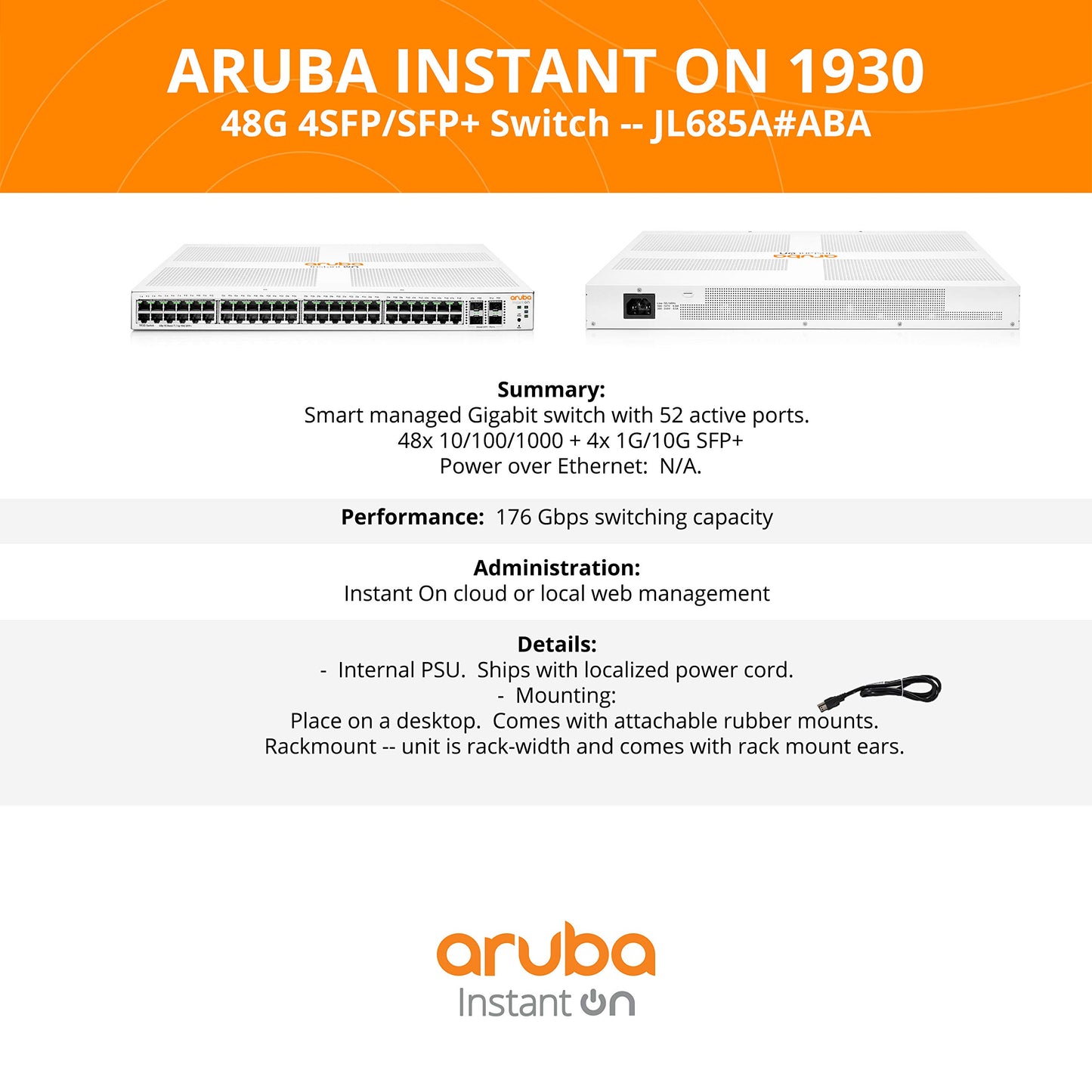 Aruba Instant On 1930 24-Port Gb Ethernet 24xGE PoE (370W), 4X 1G/10G SFP+, L2+ Smart Switch US Cord (JL684A#ABA)