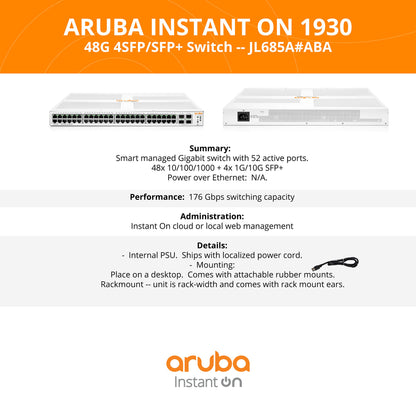 Aruba Instant On 1930 24-Port Gb Ethernet 24xGE PoE (370W), 4X 1G/10G SFP+, L2+ Smart Switch US Cord (JL684A#ABA)