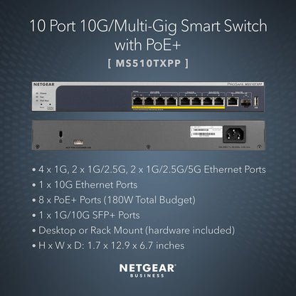 NETGEAR Smart Pro Switch MS510TX- 10 GB 10-Port, Desktop or Rack Mount, Limited Lifetime Protection - Multi-gig, 10G, & 10G SFP Config.