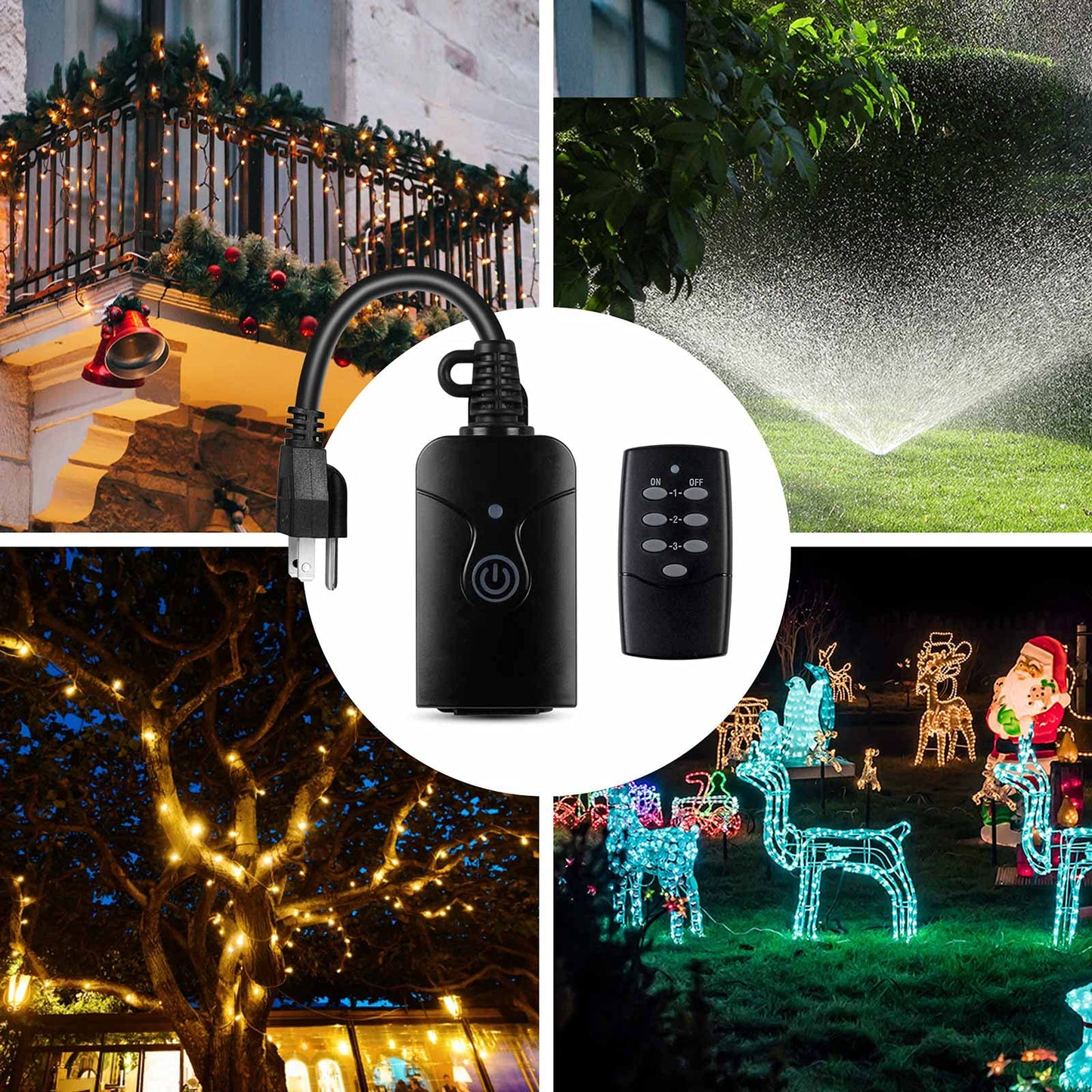 HBN Wireless Remote Control 3-Prong Outlet - Outdoor Indoor Heavy Duty Weatherproof - 1 Remote & 3 Outlets, 100ft Range - Battery Included (Black)