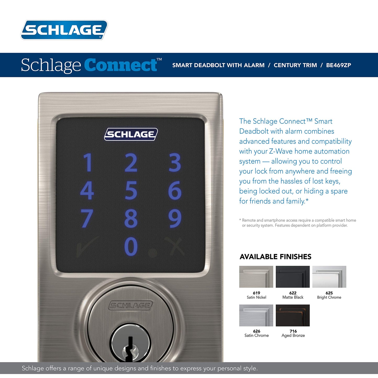 SCHLAGE BE469ZP CAM 619 Connect Smart Deadbolt with alarm with Camelot Trim in Satin Nickel, Z-Wave Plus enabled
