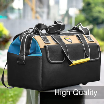 Tool Bag, 13 inch Waterproof Tool Tote Bag for Men and Women, Wide Mouth Tool Bag Organizer with 14 Pockets and Adjustable Shoulder Strap