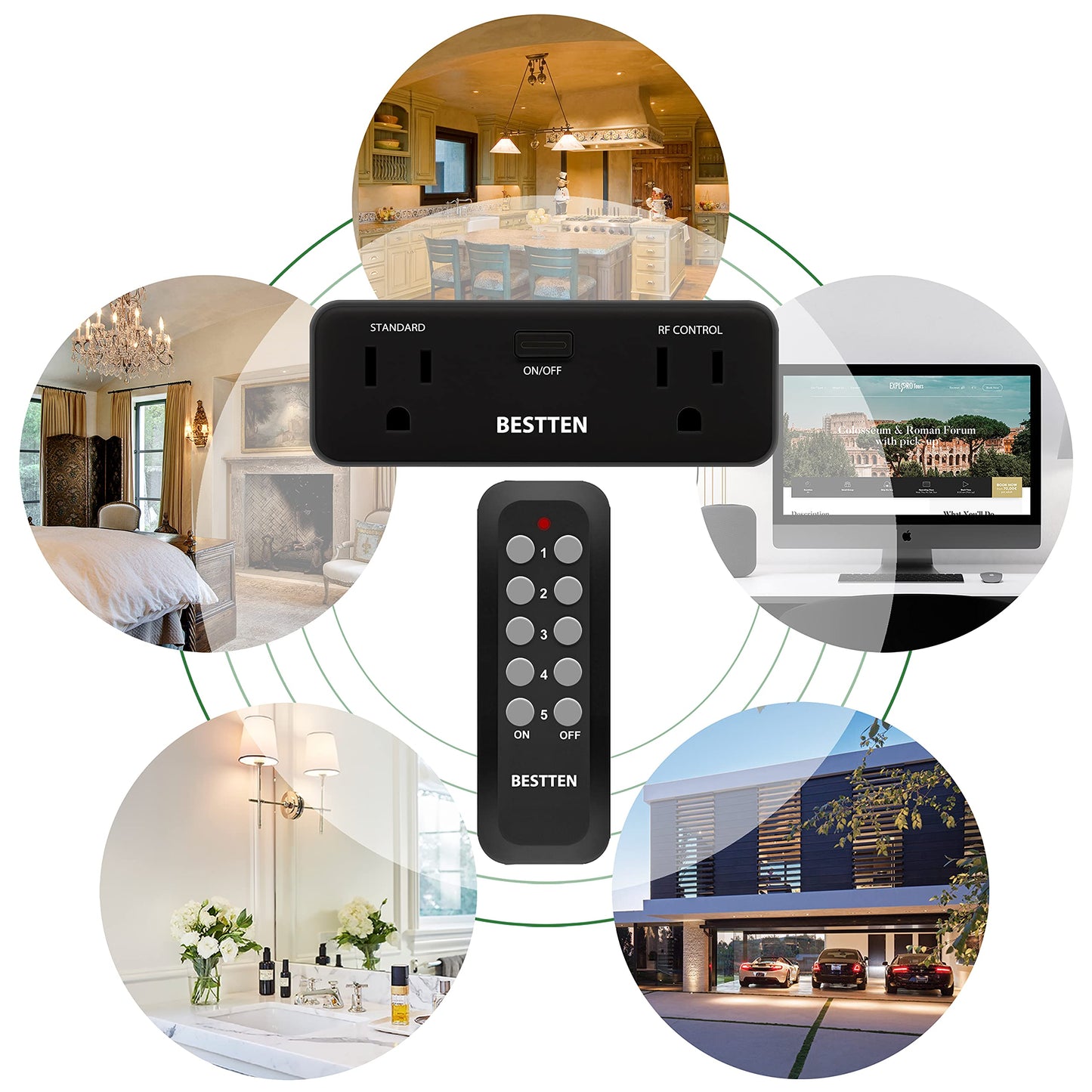 BESTTEN Remote Control Outlet Plug, Wireless Power Switch Combo Kit (10 Sockets + 2 Remotes), Always-ON & RF Control Sockets (Black)