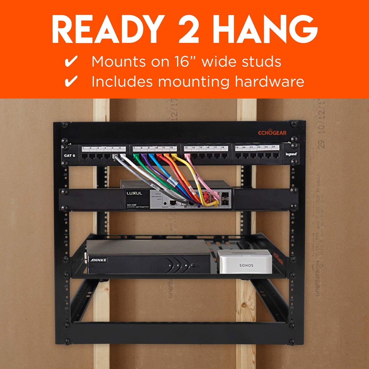 ECHOGEAR 10U Open Frame Rack - Heavy Duty 4 Post for Networking & AV Gear, Wall Mountable - Includes 2 1U Vented Shelves & Mounting Hardware