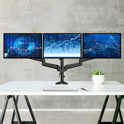 HUANUO Triple Monitor Stand - Full Motion Articulating Aluminum Gas Spring Monitor Mount Fit Three 17 to 32 inch Flat/Curved LCD Computer Screens with Clamp, Grommet Kit, Silver