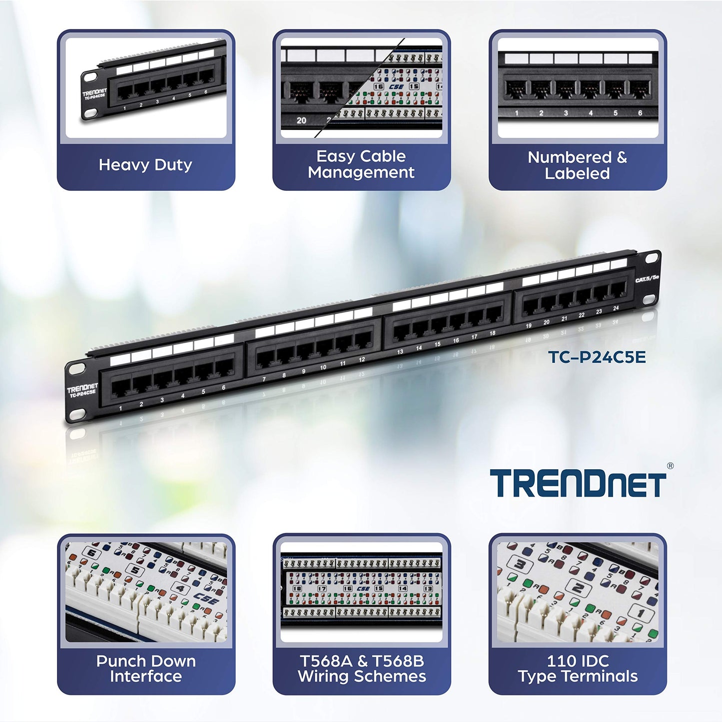 TRENDnet 48-Port Cat5-5e RJ-45 UTP Unshielded Patch Panel, Wallmount or Rackmount, 100Mhz, Cat5e Krone Connectors, Color-Coded Labeling, Cat3,Cat5e,Cat4,Cat3 Compatible, 2U Rackmount, Black, TC-P48C5E