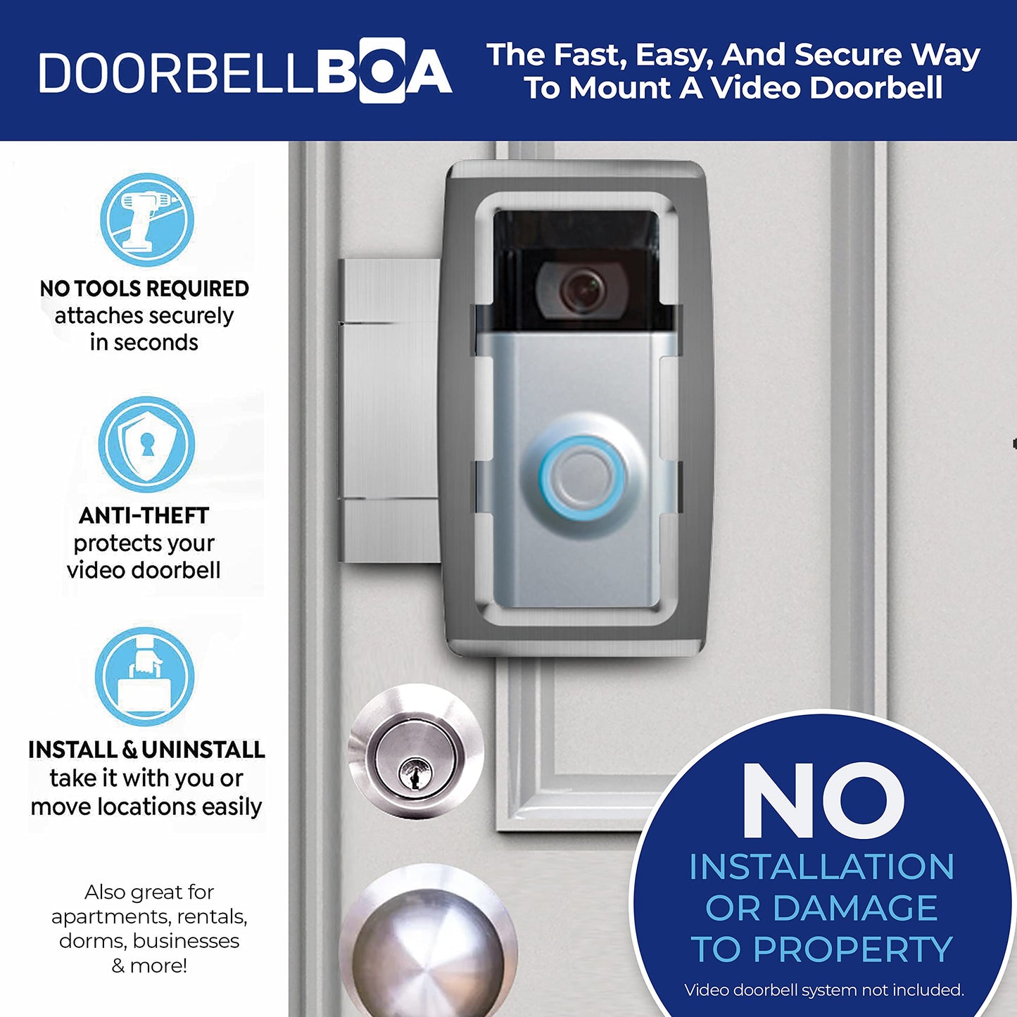 DoorbellBoa Anti-Theft Video Doorbell Door Mount, No Tools or Installation, Mounts Securely In Seconds, Compatible with Ring (White)