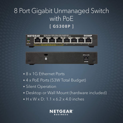 NETGEAR 8-Port Gigabit Ethernet Unmanaged PoE Switch (GS308P) - with 4 x PoE @ 53W, Desktop or Wall Mount