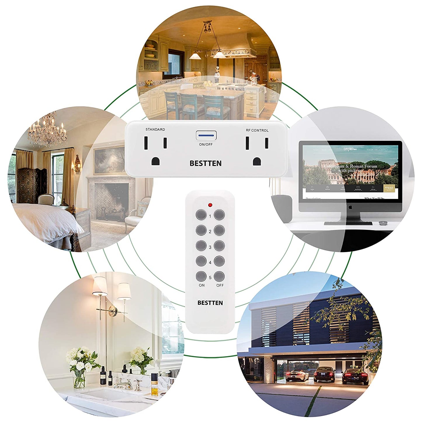 BESTTEN Wireless Remote Control Outlet Combo Kit (5 Wall Outlets + 2 Remotes), Always-ON & 1 RF Control Sockets (White)