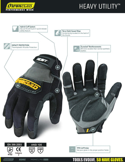 Ironclad Heavy Utility Work Gloves HUG, High Abrasion Resistance, Performance Fit, Durable, Machine Washable, 1 Pair, XL