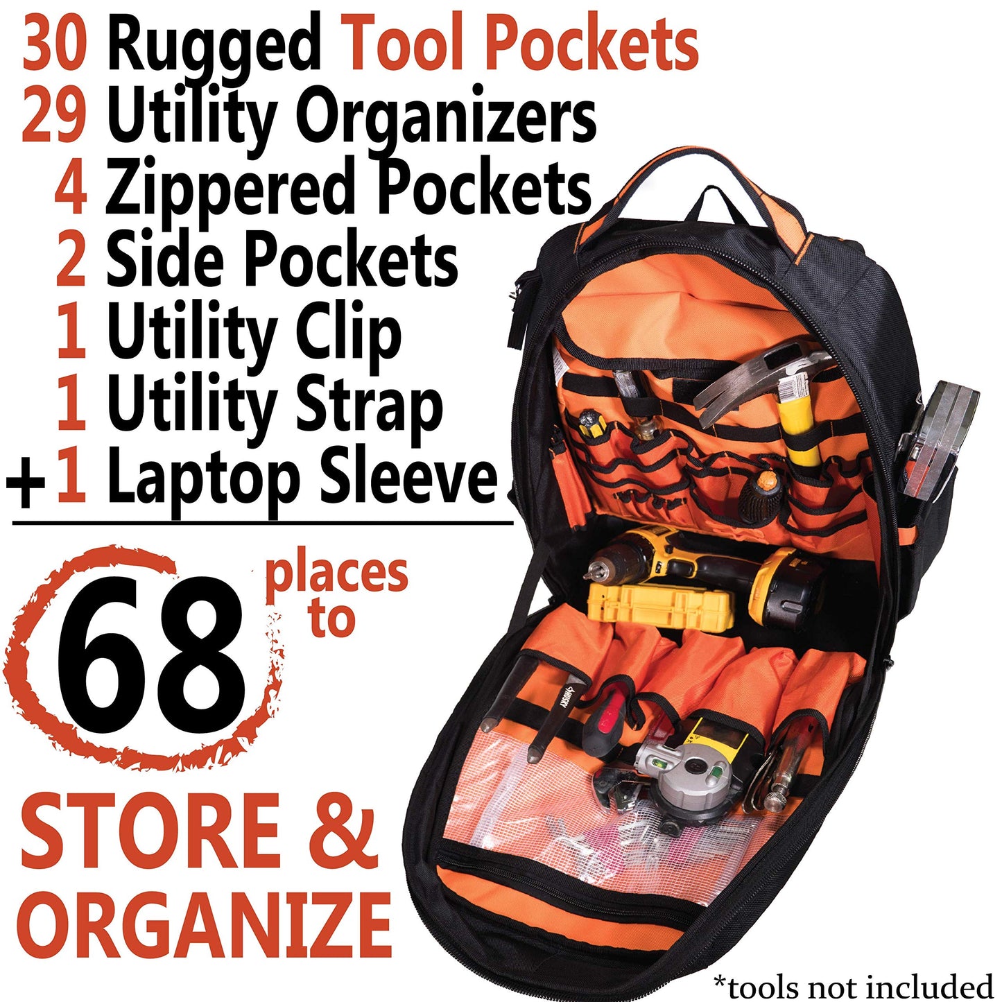 Rugged Tools Worksite Tool Backpack - 68 Pockets & Utility Organizers Including Laptop Sleeve - Heavy Duty Jobsite Tool Bag Perfect Storage & Organizer for a Contractor, Electrician, Plumber, HVAC